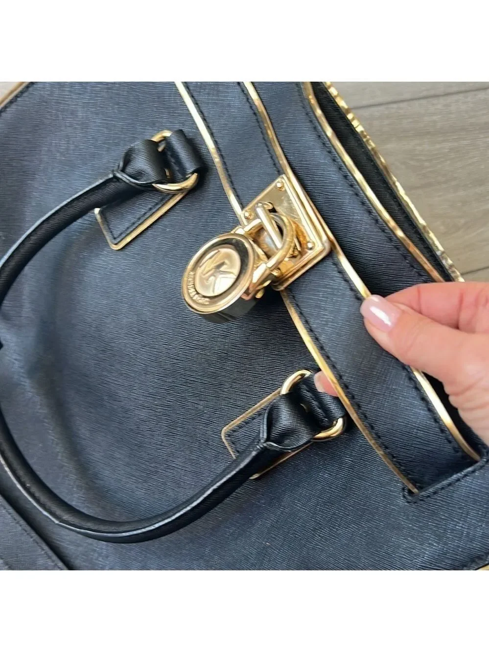 Michael Kors Black Leather Hamilton satchel Handbag with chain strap